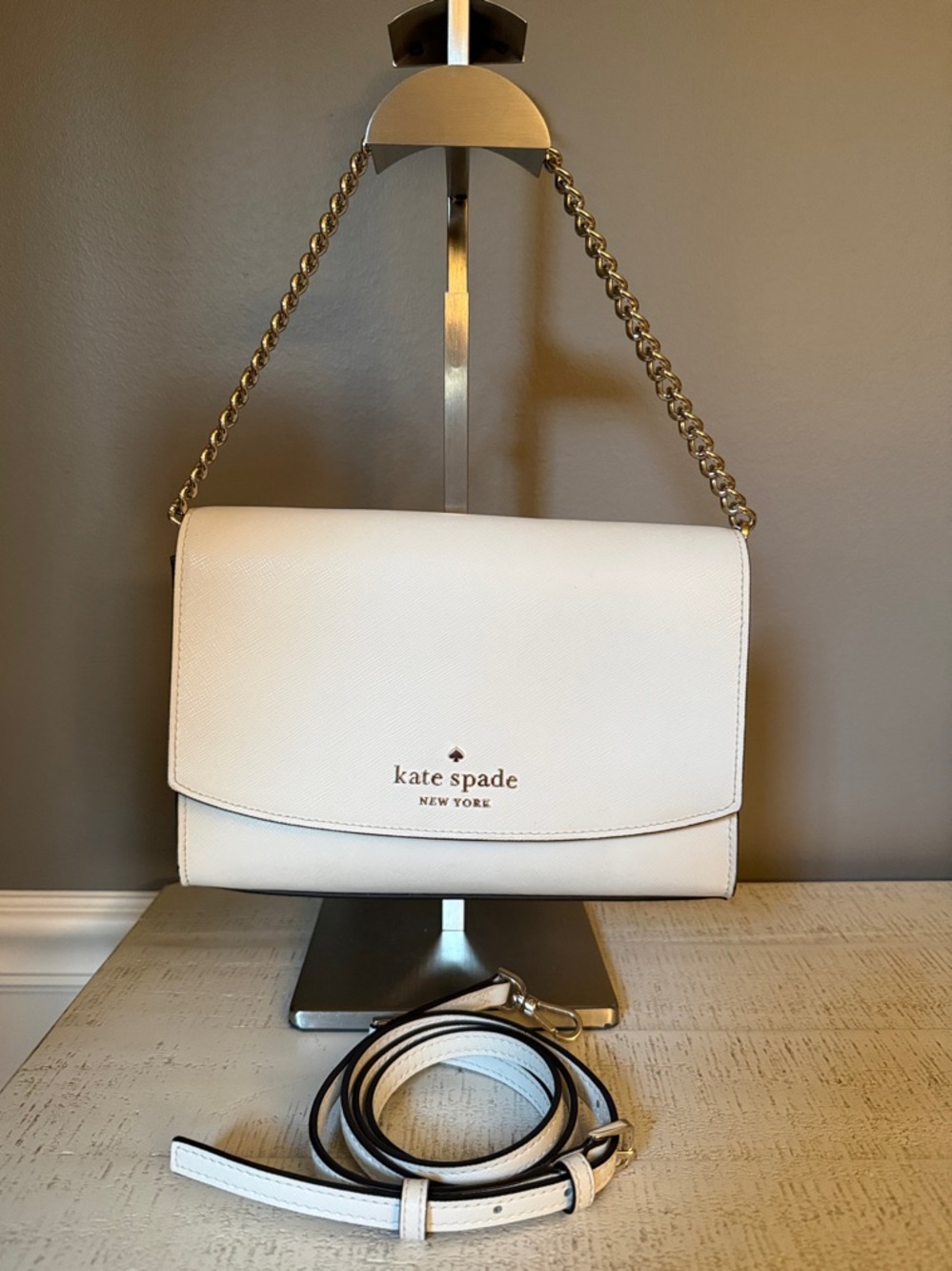 kate spade White Leather Crossbody with Gold Chain Strap